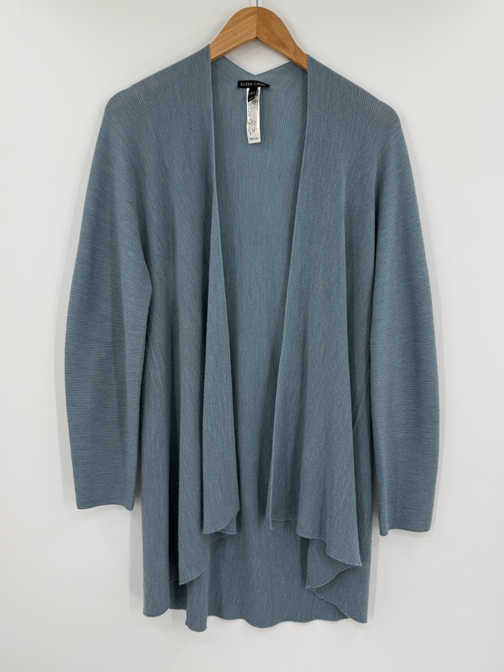 Eileen Fisher Ribbed Virgin Wool Open Front Cardigan | Blue | Medium